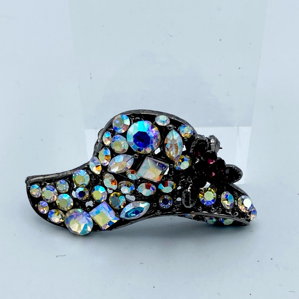 Vintage Aurora Borealis Crystals Hat Multi Faceted Silver Tone Brooch Pin